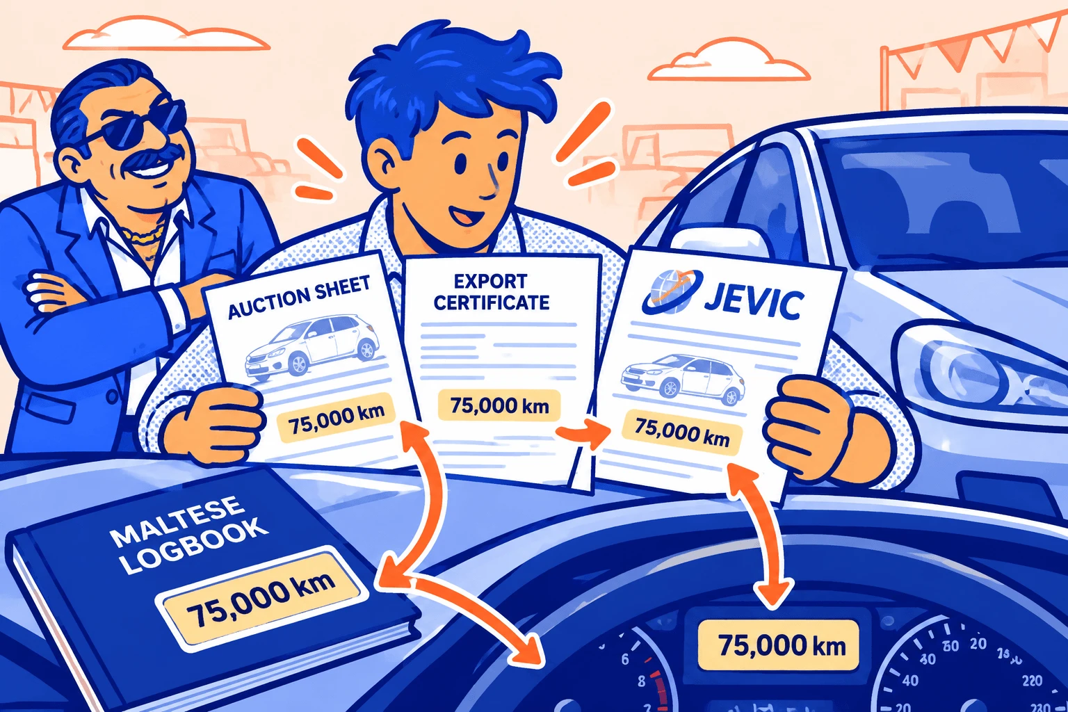 A buyer holding the auction sheet, export (deregistration) certificate and JEVIC certificate, all showing 75,000 km, matching the Maltese logbook and the dashboard