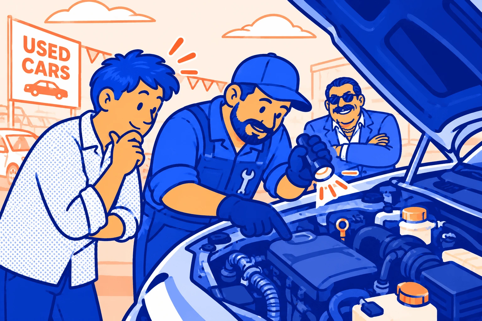 An independent mechanic inspecting a car engine with a torch while the buyer watches and the dealer looks on with arms crossed