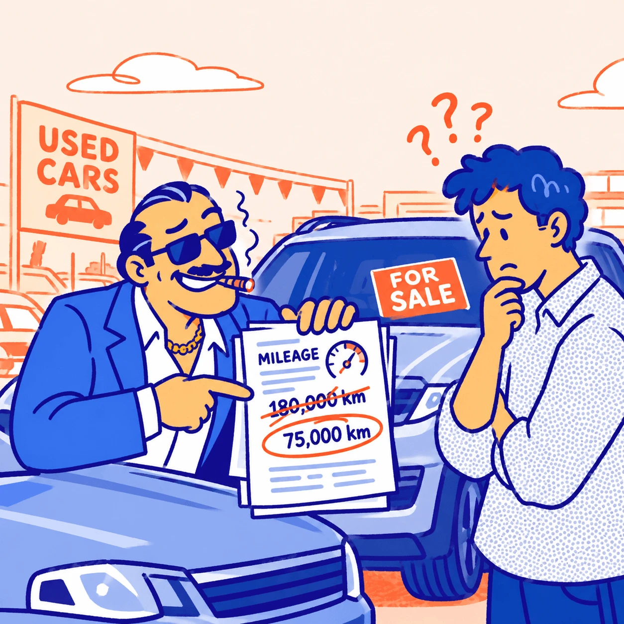 A used car dealer pointing at a mileage document that shows 180,000 km crossed out and 75,000 km written in, while a worried buyer looks on