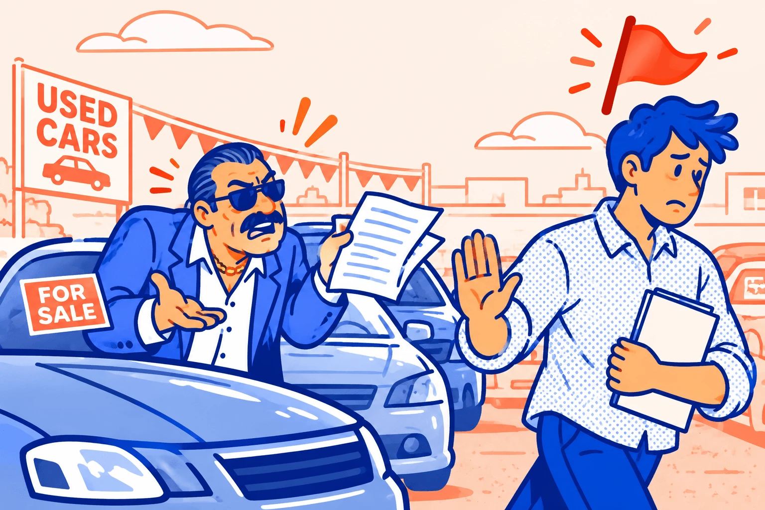 A buyer holding up a hand to stop a pushy car dealer, with a red flag above the buyer's head